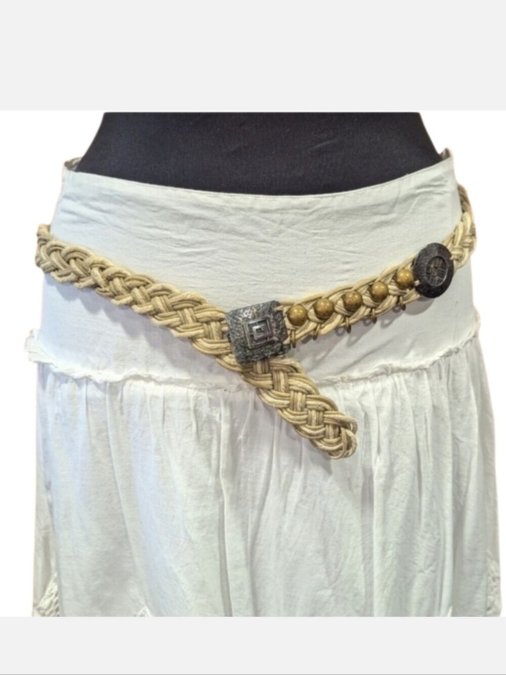 Vintage Marjorie Baer Braided Belt Bohemian Gypsy Festival Aesthetic Tan Silver
